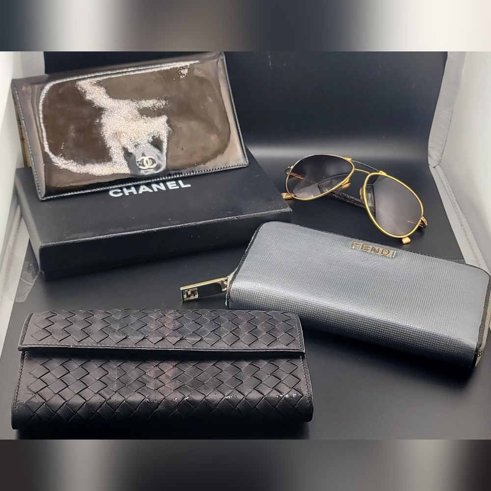 Vintage Chanel Patent Leather Wallet W/ Box, Bottega Veneta & Fendi, LV Glasses - Picture 1 of 16
